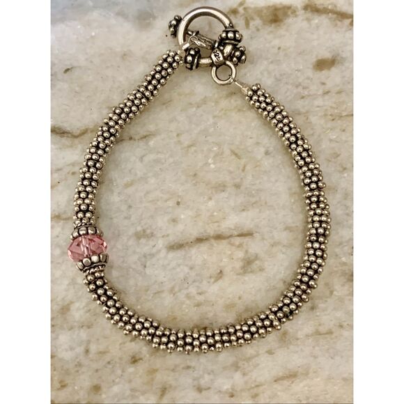 Sterling Silver Bali Bracelet with Rose Pink AB Crystal #breast cancer#handmade - Picture 2 of 4